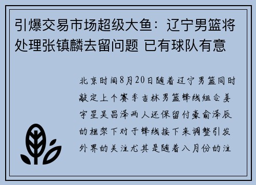引爆交易市场超级大鱼：辽宁男篮将处理张镇麟去留问题 已有球队有意